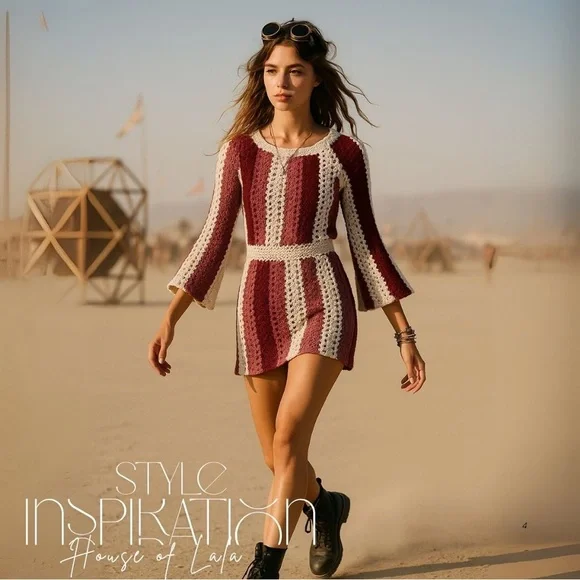 VINTAGE striped crochet mini sweater dress long sleeve - Picture 3 of 7